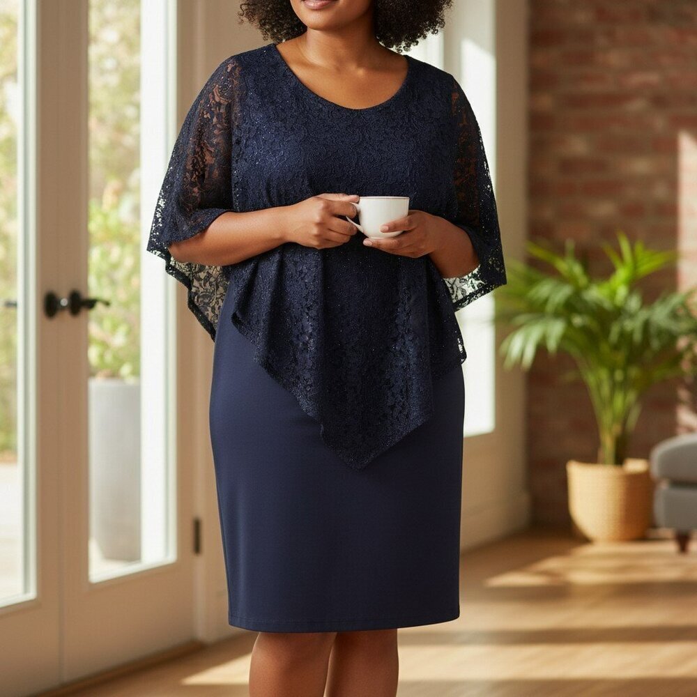 En Focus Womens Size 18W Navy Blue Floral Lace Poncho Cape Cocktail Dress 18